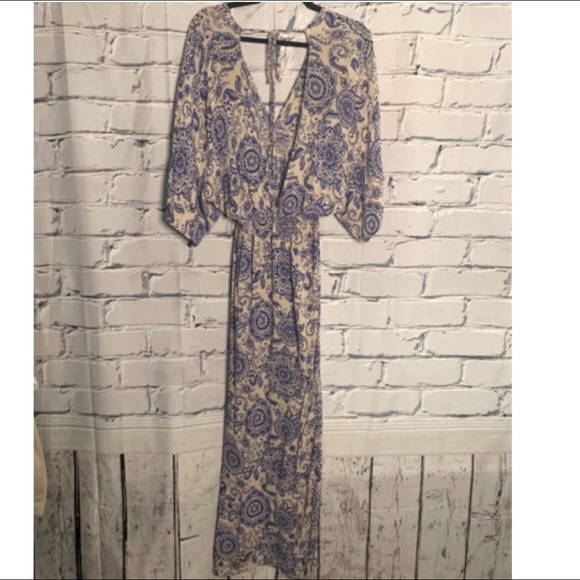 Miley Molly Long Maxi Blue Beige Floral Dress - Picture 3 of 10